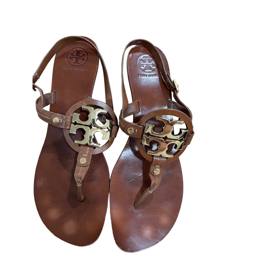 Tory Burch Miller Kitten Heel Sandals Tan Leather Gold Logo Slingback Womens 11M